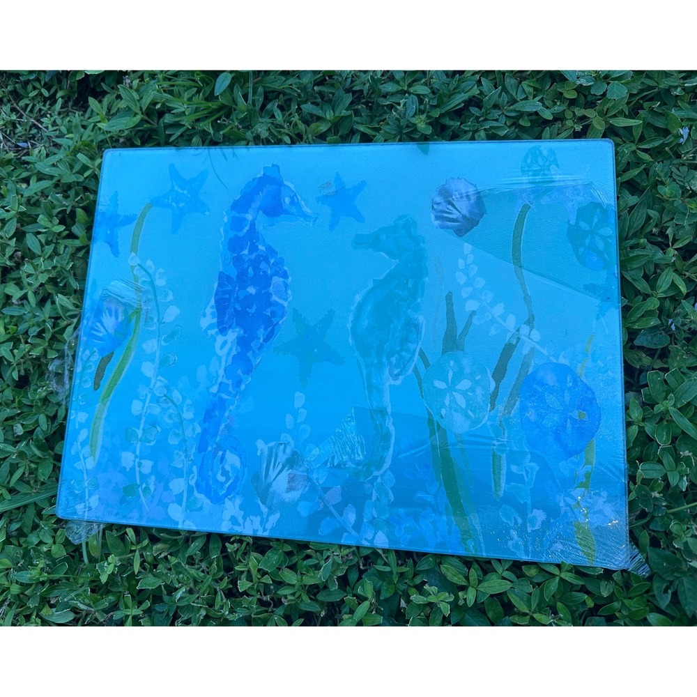 Coastal Kitchen Seahorse Escape Glass Cutting Board Blue Teal 15.75x11.75 LRSGCB